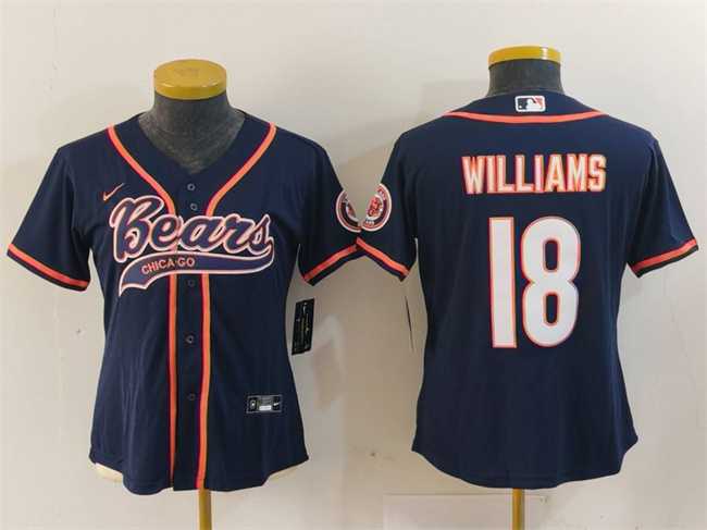 Womens Chicago Bears #18 Caleb Williams Navy With Patch Cool Base Stitched Baseball Jersey(Run Small)